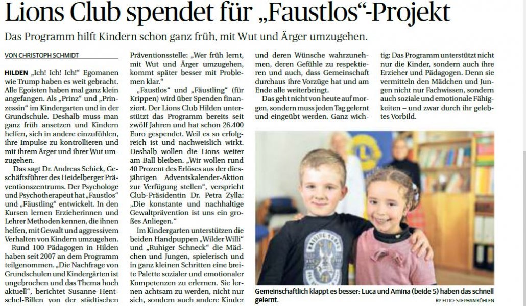 Erlöse aus Adventskalenderaktion für Faustlos und Fäustling Presseartikel der Rheinischen Post