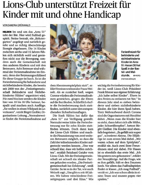 Lions-Club unterstützt Freizeit für Kinder mit und ohne Handicap Artikel der Rheinischen Post