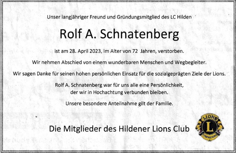 Unser Gründungsmitglied Rolf A. Schnatenberg ist verstorben